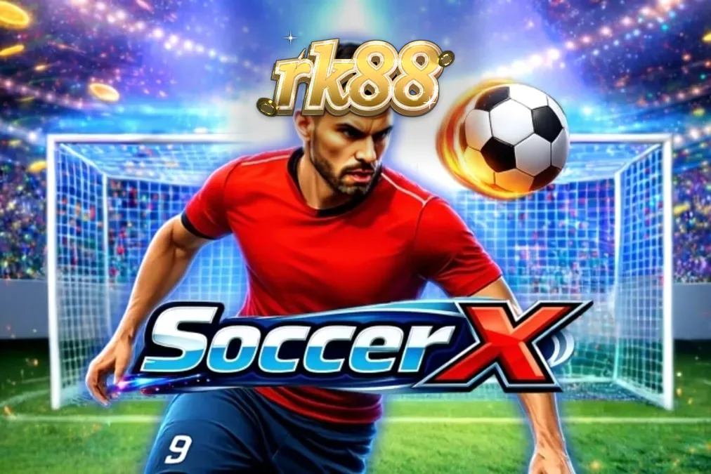 Tampilan antarmuka permainan slot SoccerX dengan latar belakang stadion sepak bola