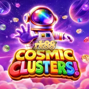Tampilan visual slot Cosmic Clusters dengan latar belakang nebula dan grid 6x6.